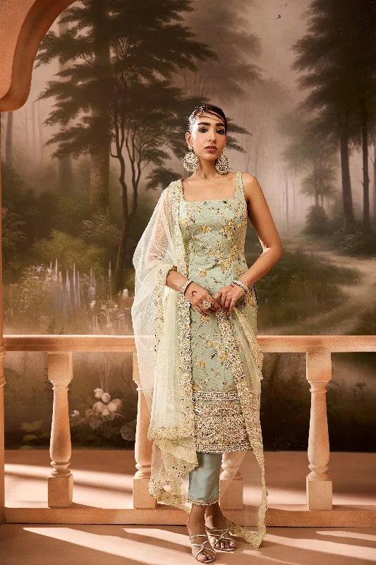 Party Dresses with Beaded Floral Wreath on the Bodice and High Low Hem for Ladies' Delicate and Dramatic LookSimran Sage Green Jacquard Kurta Set Party Dresses with Beaded Floral Wreath on the Bodice and High Low Hem for Ladies' Delicate and Dramatic LookSimran Sage Green Jacquard Kurta Set