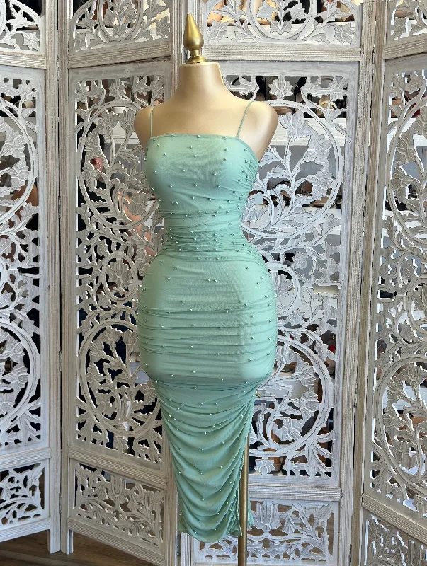 Party Dresses with Satin Trimmed Collar and Bow Back and Embroidered Skirt for Ladies' Classic and Intricate LookGreen Pearl Detail Dress- Stretchy, Estira Party Dresses with Satin Trimmed Collar and Bow Back and Embroidered Skirt for Ladies' Classic and Intricate LookGreen Pearl Detail Dress- Stretchy, Estira