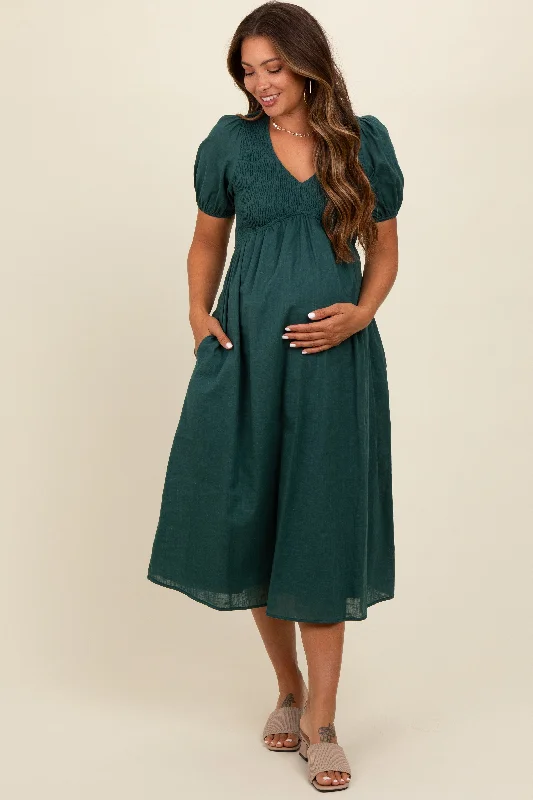 Sequin - embellished midi dress for a sparkly and eye - catching styleGreen Smocked V-Neck Puff Sleeve Maternity Midi Dress Sequin - embellished midi dress for a sparkly and eye - catching styleGreen Smocked V-Neck Puff Sleeve Maternity Midi Dress