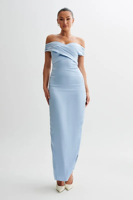 Party Dresses with Pleated Tulle Skirt and Sequined Geometric Shapes and Lace Overlay for Ladies' Princess and Feminine LookHarley Off Shoulder Satin Maxi Dress - Cornflower Blue Party Dresses with Pleated Tulle Skirt and Sequined Geometric Shapes and Lace Overlay for Ladies' Princess and Feminine LookHarley Off Shoulder Satin Maxi Dress - Cornflower Blue