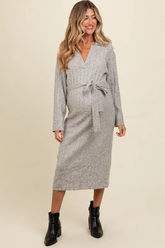 Midi dress for outdoor adventures such as hiking and campingHeather Grey Ribbed Sweater Collared Maternity Midi Dress Midi dress for outdoor adventures such as hiking and campingHeather Grey Ribbed Sweater Collared Maternity Midi Dress