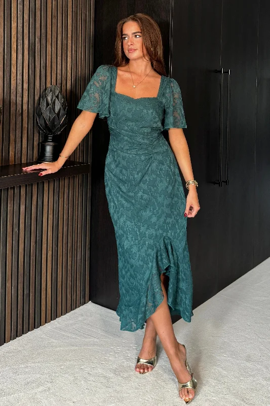 Midi dress for sports activities like horseback riding or yogaHeidi Floral Burnout Ruched Midi Dress Green Midi dress for sports activities like horseback riding or yogaHeidi Floral Burnout Ruched Midi Dress Green