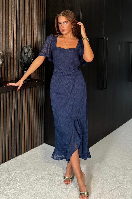 Affordable midi dress for budget - conscious shoppersHeidi Floral Burnout Ruched Midi Dress Navy