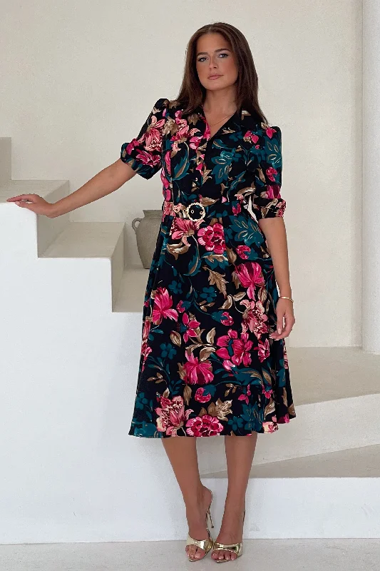 Tassel - adorned midi dress for a bohemian and stylish touchHolland Black & Pink Floral Collar Midi Dress