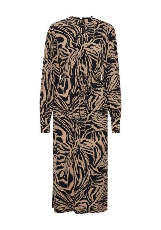 Midi dress for a dance party to show off your movesIchi Animal Print A-Line Midi Dress, Tan & Black Midi dress for a dance party to show off your movesIchi Animal Print A-Line Midi Dress, Tan & Black