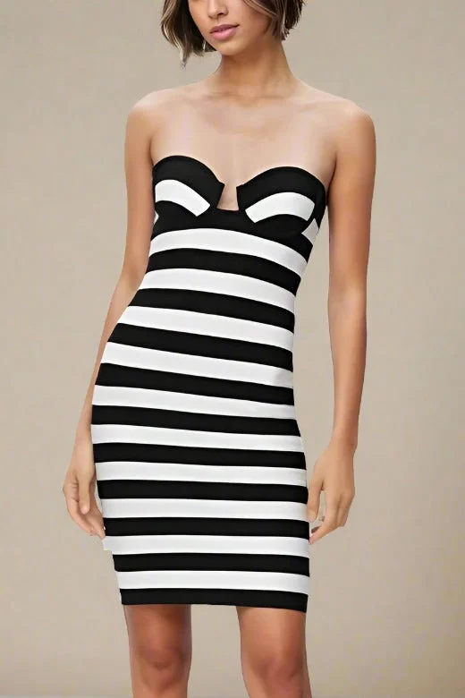 Striped Party Dresses with Button Front for Ladies' Classic and Timeless LookIngrid Bandage Mini Dress - Classic Black Striped Party Dresses with Button Front for Ladies' Classic and Timeless LookIngrid Bandage Mini Dress - Classic Black