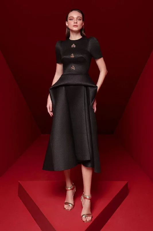 Drawstring - waist midi dress for a customizable and comfortable fitIsabella Peplum Puffy Sleeved Taffeta Midi Dress