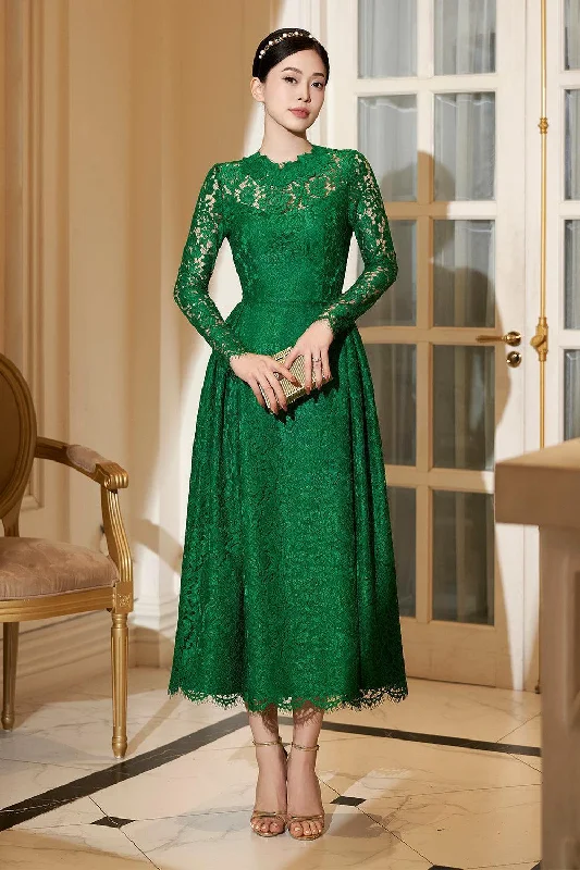 Asymmetric hem midi dress for a unique and fashionable styleIsadora A-line Long Sleeved Lace Midi Dress