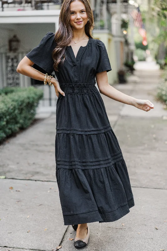 Midi dress for a wedding as a guest in a more casual weddingIt's In The Air Black Tiered Midi Dress Midi dress for a wedding as a guest in a more casual weddingIt's In The Air Black Tiered Midi Dress