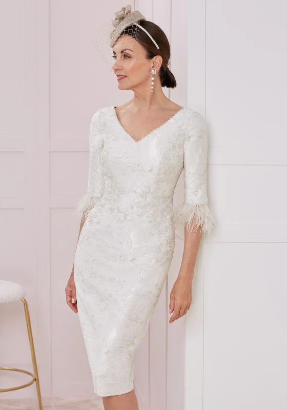 Luxury midi dress made from premium materialsJohn Charles Jacquard Feather Cuff Midi Dress, Vanilla