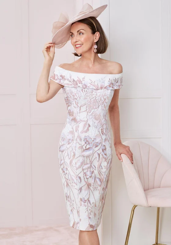 Midi dress for curvy figures with a flattering fitJohn Charles Embroidered Off the Shoulder Midi Dress, Rose & Ivory Midi dress for curvy figures with a flattering fitJohn Charles Embroidered Off the Shoulder Midi Dress, Rose & Ivory