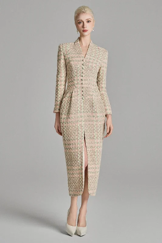 Tea - length midi dress for a classic and elegant lengthKairi Pegged Front Slit Tweed Midi Dress Tea - length midi dress for a classic and elegant lengthKairi Pegged Front Slit Tweed Midi Dress