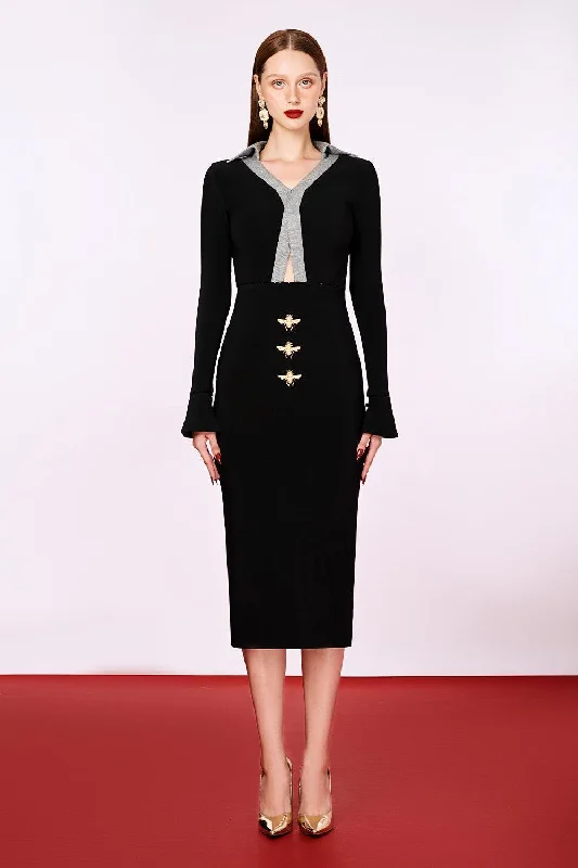 Bishop - sleeve midi dress for a vintage - inspired and elegant styleKairos Pencil Long Sleeved Cotton Denim Midi Dress