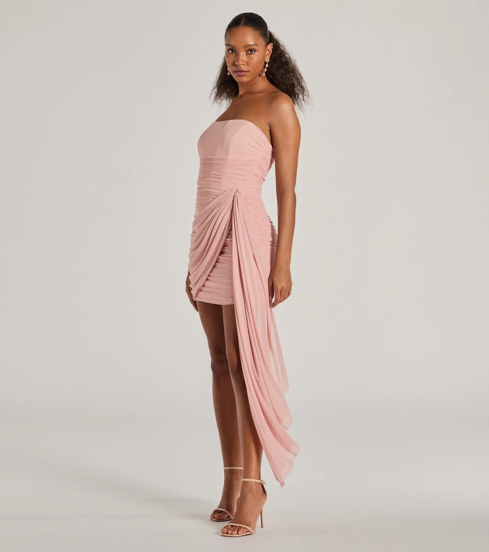 Party Dresses with Sheer Panels and Beaded Trim and Bow at the Back for Ladies' Sexy and Polished LookKaiya Strapless Bodycon Ruched Mesh Mini Dress Party Dresses with Sheer Panels and Beaded Trim and Bow at the Back for Ladies' Sexy and Polished LookKaiya Strapless Bodycon Ruched Mesh Mini Dress