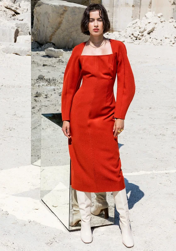 Appliqué - decorated midi dress for a unique and detailed styleKameya Square Neck Midi Dress, Rust Appliqué - decorated midi dress for a unique and detailed styleKameya Square Neck Midi Dress, Rust