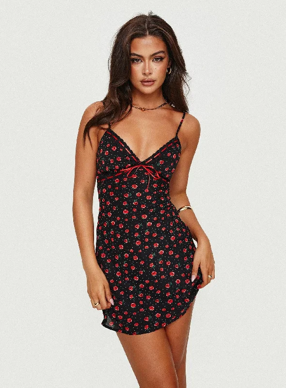 Party Dresses with Metallic Sequined Bodice and Chiffon Skirt and Ruffled Hem for Ladies' Glamorous and Flirty LookKarena Mini Dress Black / Red Floral Party Dresses with Metallic Sequined Bodice and Chiffon Skirt and Ruffled Hem for Ladies' Glamorous and Flirty LookKarena Mini Dress Black / Red Floral