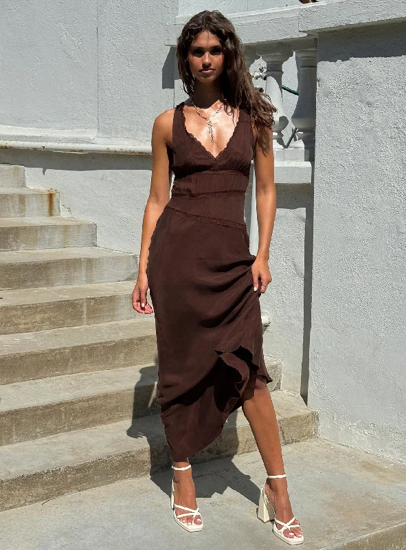 Party Dresses with Cut Out Details and Lace Insertions for Ladies' Bold and Feminine LookKarlotta Lace Bias Maxi Dress Brown Party Dresses with Cut Out Details and Lace Insertions for Ladies' Bold and Feminine LookKarlotta Lace Bias Maxi Dress Brown