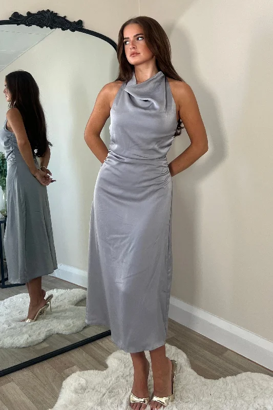 Midi dress for a wedding as a guest in a more casual weddingKaz Cowl Neck Grey Midi Dress Midi dress for a wedding as a guest in a more casual weddingKaz Cowl Neck Grey Midi Dress