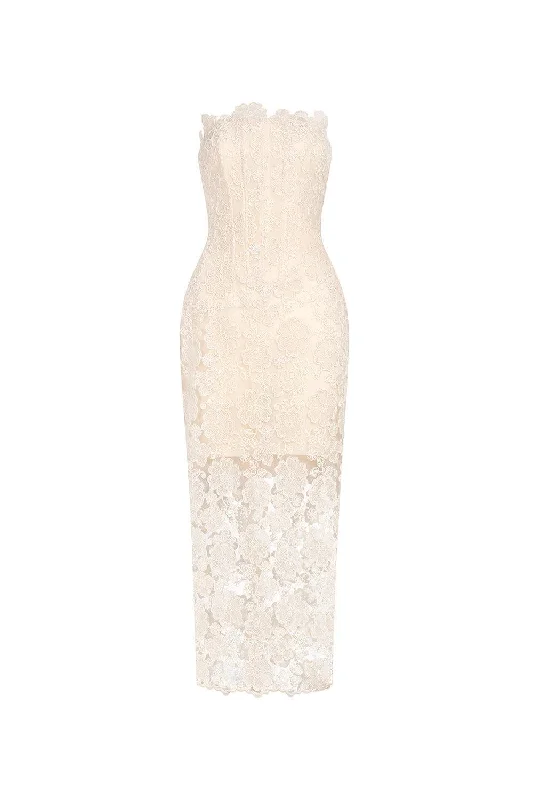 High - waisted pleated midi dress for a trendy and stylish appearanceKeira Strapless Corset Waist Lace Midi Dress High - waisted pleated midi dress for a trendy and stylish appearanceKeira Strapless Corset Waist Lace Midi Dress
