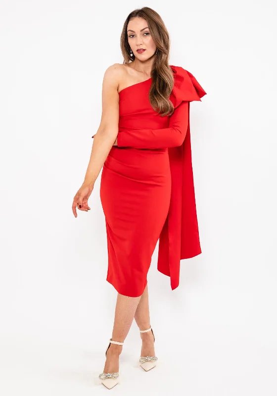 Plaid midi dress for a classic and preppy styleKevan Jon Krystle One Sleeve Midi Dress, Red