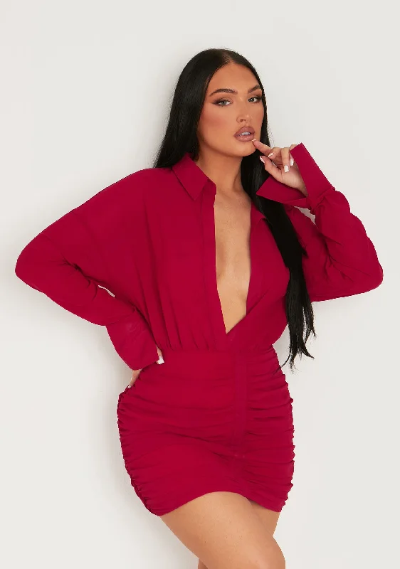 Party Dresses with Embroidered Paisley Patterns and Sequined Bodice for Ladies' Exotic and Glamorous LookKirsty Burgundy Long Sleeve Plunge Front Ruched Skirt Mini Dress Party Dresses with Embroidered Paisley Patterns and Sequined Bodice for Ladies' Exotic and Glamorous LookKirsty Burgundy Long Sleeve Plunge Front Ruched Skirt Mini Dress