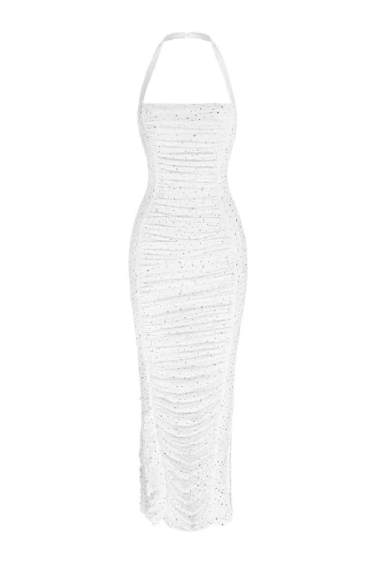 Midi dress for outdoor adventures such as hiking and campingKylie Gathered Halter Neck Mesh Spandex Midi Dress
