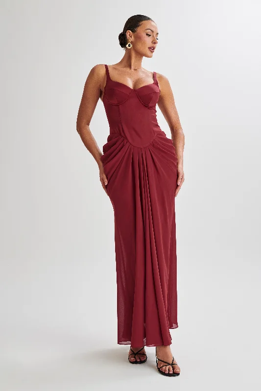 Party Dresses with Lace and Tulle Combo and Bow Accents for Ladies' Fairy Tale LookLeila Satin Corset Maxi Dress - Wine Party Dresses with Lace and Tulle Combo and Bow Accents for Ladies' Fairy Tale LookLeila Satin Corset Maxi Dress - Wine