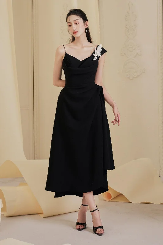 A - line satin midi dress for a formal and elegant occasionLenora A-line Waist Pleated Cotton Spandex Midi Dress