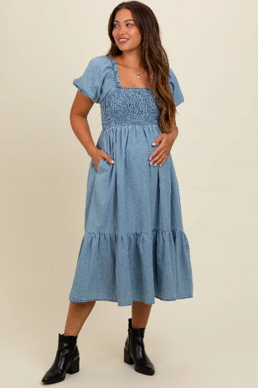 Ruffled hem midi dress for a charming and playful vibeLight Blue Vintage Wash Chambray Smocked Maternity Midi Dress Ruffled hem midi dress for a charming and playful vibeLight Blue Vintage Wash Chambray Smocked Maternity Midi Dress