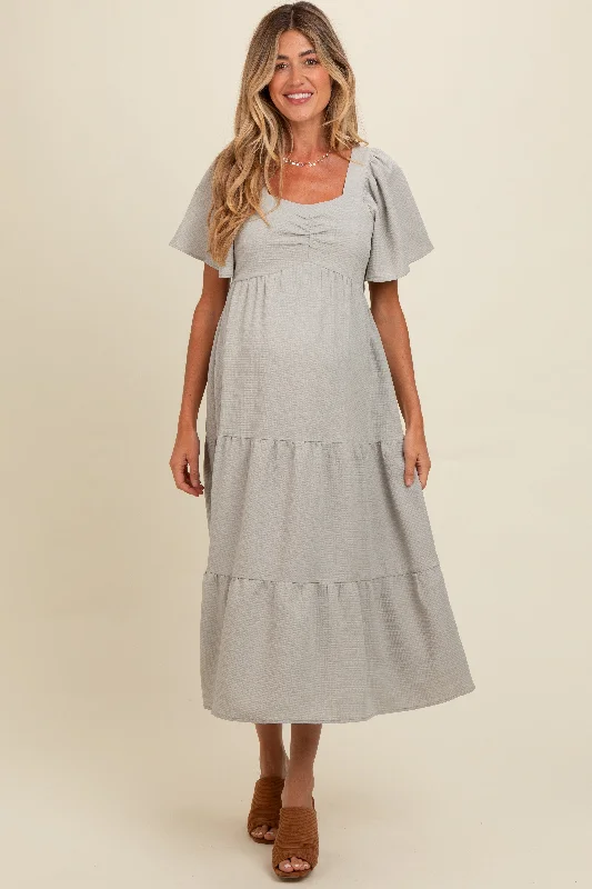 Midi dress suitable for office - appropriate casual wearLight Olive Sweetheart Neck Short Puff Sleeve Tiered Maternity Midi Dress
