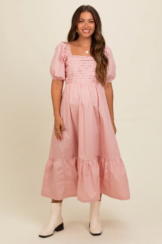 Midi dress for tall women with extra - long lengthsLight Pink Pleated Bodice Puff Sleeve Maternity Midi Dress Midi dress for tall women with extra - long lengthsLight Pink Pleated Bodice Puff Sleeve Maternity Midi Dress