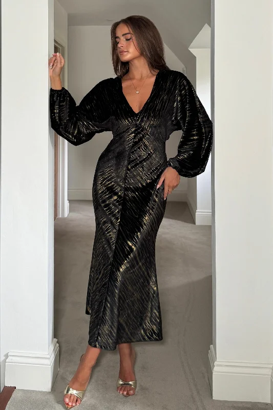 Party Dresses with Embroidered Tribal Patterns and Satin Sash and Beaded Waistband for Ladies' Cultural and Glamorous LookLondon V Neck Long Sleeve Maxi Dress in Black and Gold Velvet Party Dresses with Embroidered Tribal Patterns and Satin Sash and Beaded Waistband for Ladies' Cultural and Glamorous LookLondon V Neck Long Sleeve Maxi Dress in Black and Gold Velvet