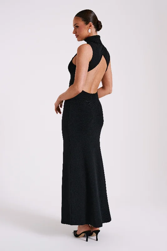 Party Dresses with Sheer Panels and Beaded Trim and Bow at the Back for Ladies' Sexy and Polished LookLouisa High Neck Knit Maxi Dress - Black Party Dresses with Sheer Panels and Beaded Trim and Bow at the Back for Ladies' Sexy and Polished LookLouisa High Neck Knit Maxi Dress - Black