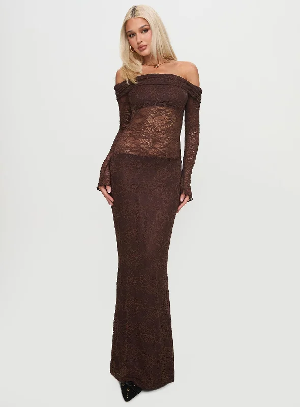 Party Dresses with Lace Insertions on the Skirt and Beaded Waistband and Ruffled Hem for Ladies' Feminine and Flirty LookMake Your Mark Off Shoulder Maxi Dress Chocolate Party Dresses with Lace Insertions on the Skirt and Beaded Waistband and Ruffled Hem for Ladies' Feminine and Flirty LookMake Your Mark Off Shoulder Maxi Dress Chocolate
