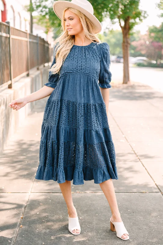 Vintage - inspired 50s midi dress with a classic silhouetteMaking Moves Navy Blue Eyelet Midi Dress