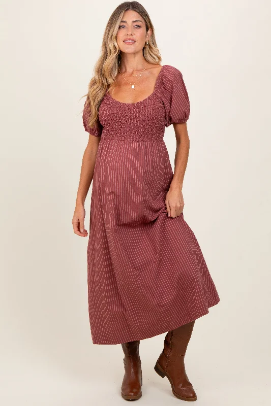 Contemporary - designed midi dress with modern detailsMauve Striped Popcorn Smocked Maternity Midi Dress