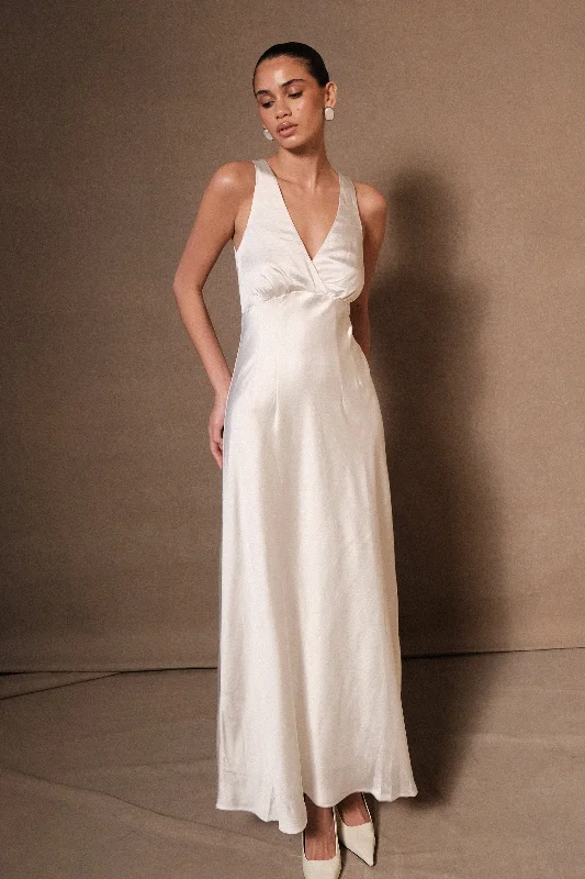 Party Dresses with Sequined Geometric Shapes and Lace and Chiffon Blend for Ladies' Modern and Feminine LookMeghan Satin Maxi Dress - Ivory Party Dresses with Sequined Geometric Shapes and Lace and Chiffon Blend for Ladies' Modern and Feminine LookMeghan Satin Maxi Dress - Ivory