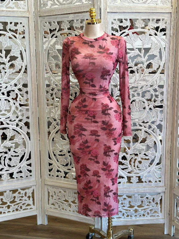 Printed Party Dresses with Abstract Patterns for Ladies' Modern Fashion SenseMesh Long Sleeve Midi Floral Dress - Estira, Stretchy Printed Party Dresses with Abstract Patterns for Ladies' Modern Fashion SenseMesh Long Sleeve Midi Floral Dress - Estira, Stretchy