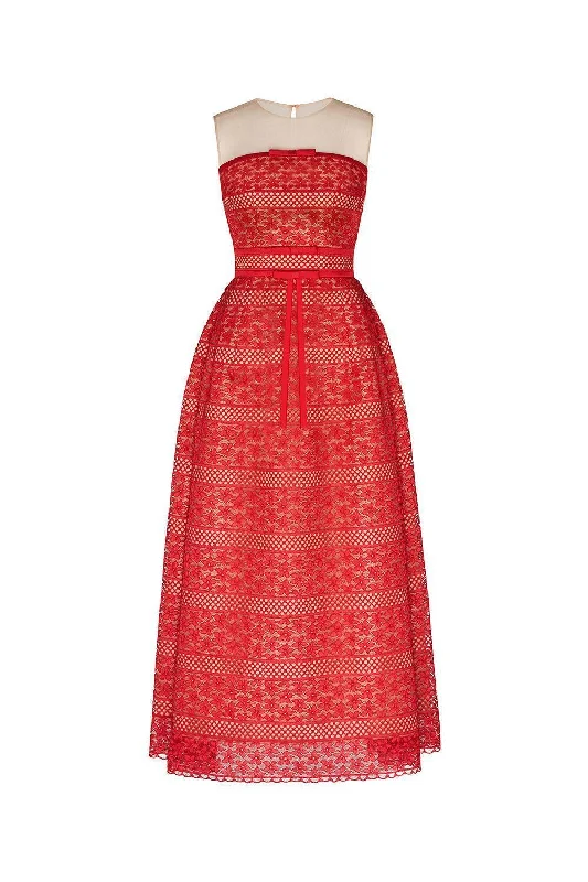 Scoop neck midi dress for a casual and comfortable styleMila A-line Illusion Neck Lace Midi Dress Scoop neck midi dress for a casual and comfortable styleMila A-line Illusion Neck Lace Midi Dress
