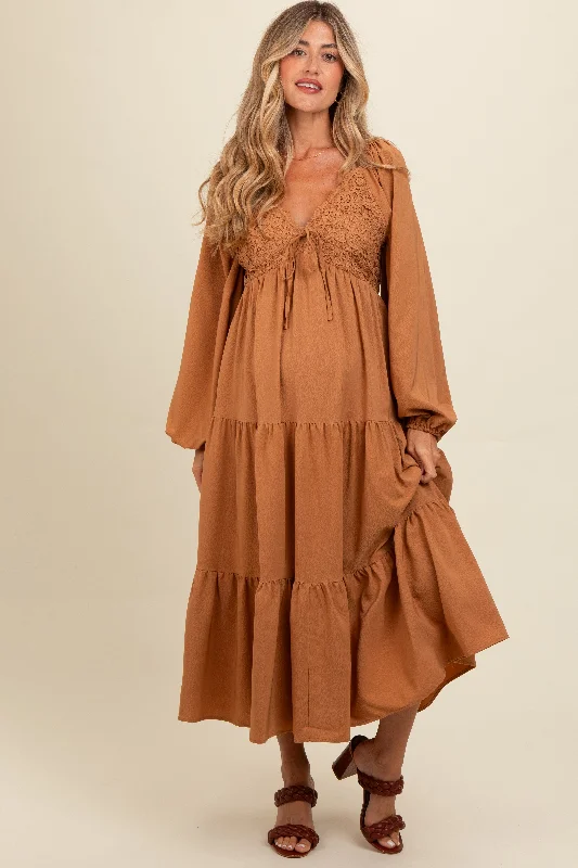 Midi dress for a countryside getaway for a laid - back and rustic lookMocha Contrast Lace Bodice Tiered Maternity Midi Dress Midi dress for a countryside getaway for a laid - back and rustic lookMocha Contrast Lace Bodice Tiered Maternity Midi Dress