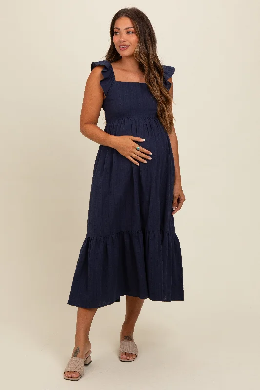 Cut - out midi dress for a daring and edgy lookNavy Blue Textured Cotton Ruffle Strap Maternity Midi Dress Cut - out midi dress for a daring and edgy lookNavy Blue Textured Cotton Ruffle Strap Maternity Midi Dress
