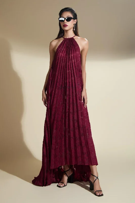 Plaid Party Dresses with Satin Trim for Ladies' Preppy and Stylish VibeNicole Halter Pleated Brocade Maxi Dress Plaid Party Dresses with Satin Trim for Ladies' Preppy and Stylish VibeNicole Halter Pleated Brocade Maxi Dress