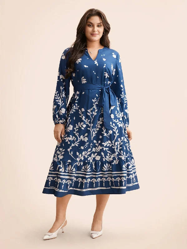 Tea - length midi dress for a classic and elegant lengthNotched Boho Print Belted Midi Dress