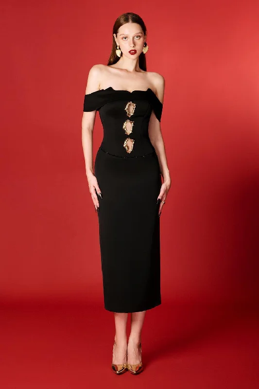 Printed - animal - pattern midi dress for a wild and trendy lookNova Pencil Off-Shoulder Taffeta Midi Dress