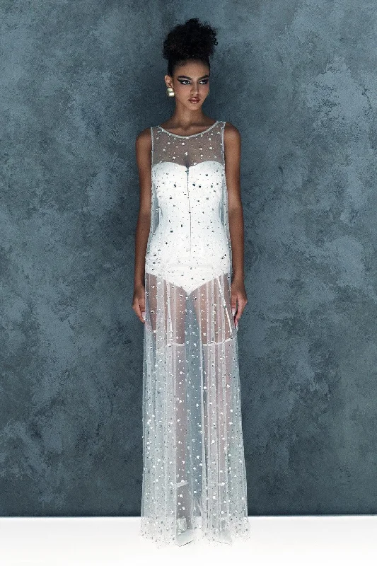 Lace Trimmed Party Dresses with Bow Back for Ladies' Dainty and Feminine LookNyxia Straight Sleeveless Mesh Floor Length Dress Lace Trimmed Party Dresses with Bow Back for Ladies' Dainty and Feminine LookNyxia Straight Sleeveless Mesh Floor Length Dress