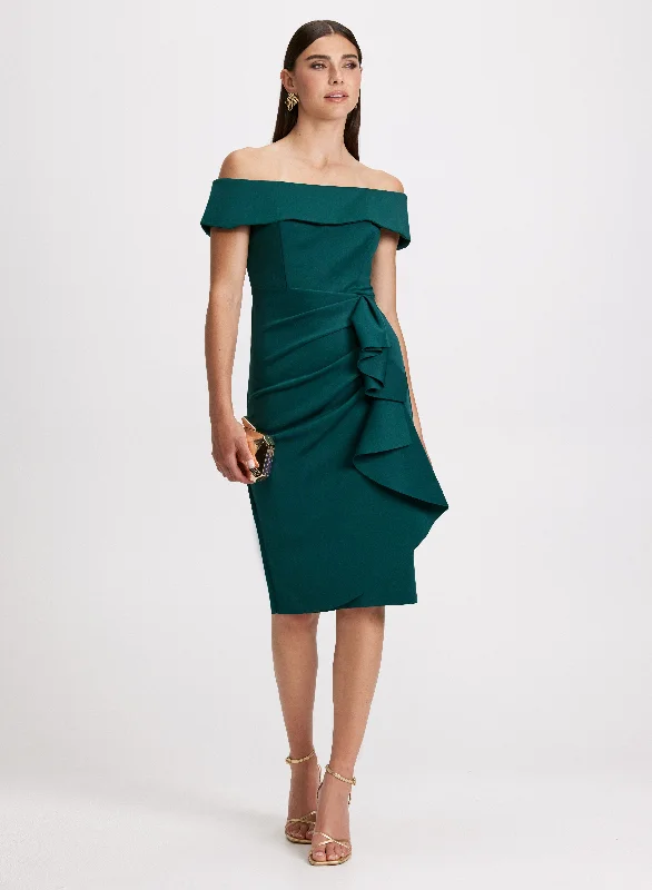 Party Dresses with Beaded Floral Wreath on the Bodice and High Low Hem for Ladies' Delicate and Dramatic LookOff-the-Shoulder Sheath Dress Party Dresses with Beaded Floral Wreath on the Bodice and High Low Hem for Ladies' Delicate and Dramatic LookOff-the-Shoulder Sheath Dress