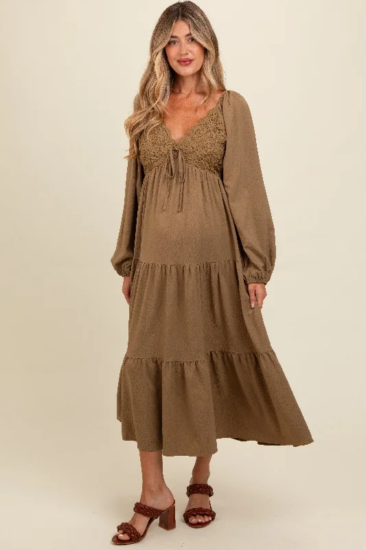 Ruffled - sleeve midi dress for a charming and playful lookOlive Contrast Lace Bodice Tiered Maternity Midi Dress Ruffled - sleeve midi dress for a charming and playful lookOlive Contrast Lace Bodice Tiered Maternity Midi Dress