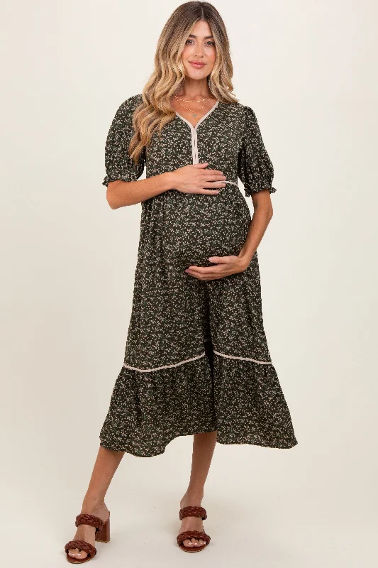 Tiered midi dress for a voluminous and feminine lookOlive Floral Puff Sleeve Ruffle Hem Maternity Midi Dress