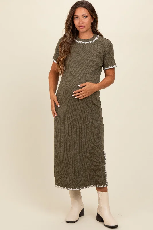 Midi dress for a night out at a club or partyOlive Green Ribbed Embroidered Trim Short Sleeve Maternity Midi Dress Midi dress for a night out at a club or partyOlive Green Ribbed Embroidered Trim Short Sleeve Maternity Midi Dress