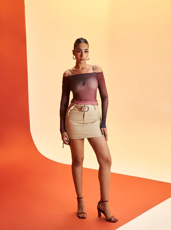 Party Dresses with Tassel Hem and Metallic Lace for Ladies' Boho and Luxurious LookOliana Ombre Power Mesh Top, Nude Bodysuit, and Mini Cargo Skirt Set Party Dresses with Tassel Hem and Metallic Lace for Ladies' Boho and Luxurious LookOliana Ombre Power Mesh Top, Nude Bodysuit, and Mini Cargo Skirt Set